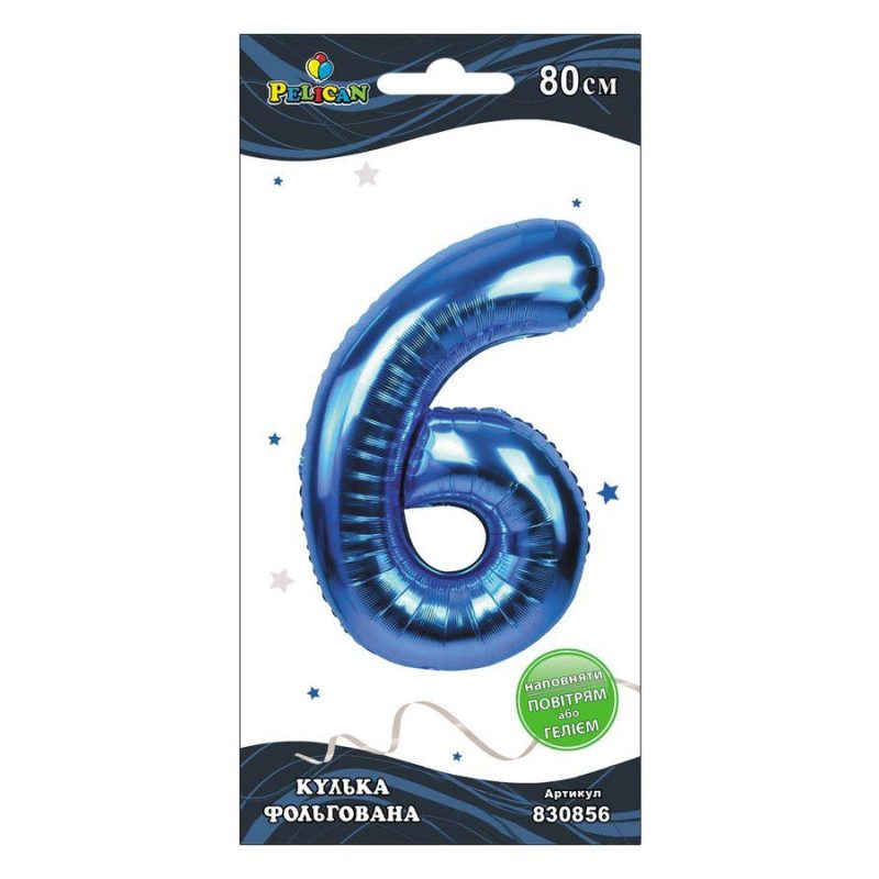 Цифра фольгована Pelican, «6» Синя 80см 830856 Цифра фольгована Pelican, “6“ Синя 80см 830856