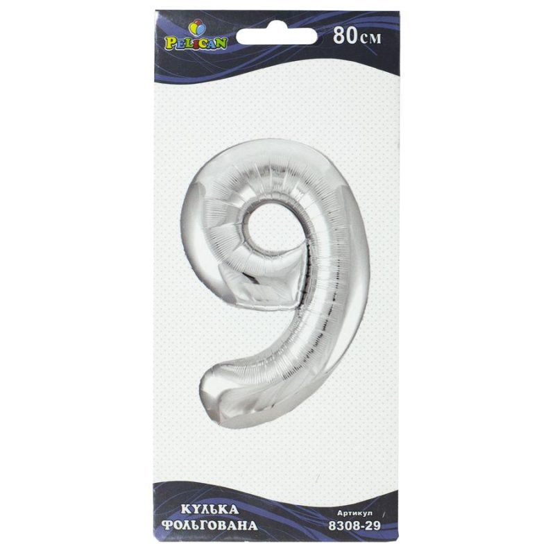 Цифра фольгована Pelican, «9» срібло 80см 830829 Цифра фольгована Pelican, “9“ срібло 80см 830829