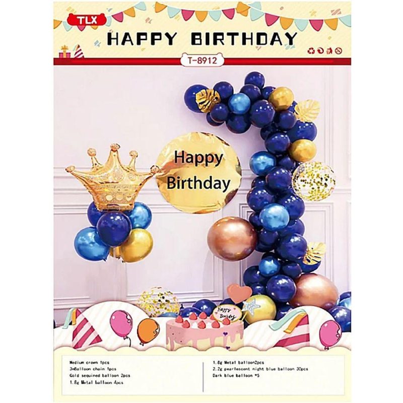 Фотозона из воздушных шаров “Happy birthday“ золото с синим T-8912