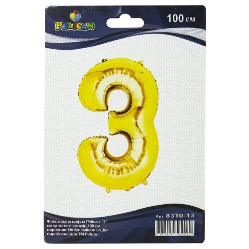 Цифра фольгированная Pelican, «3» золото 100см 831013 Цифра фольгированная Pelican, “3“ золото 100см 831013