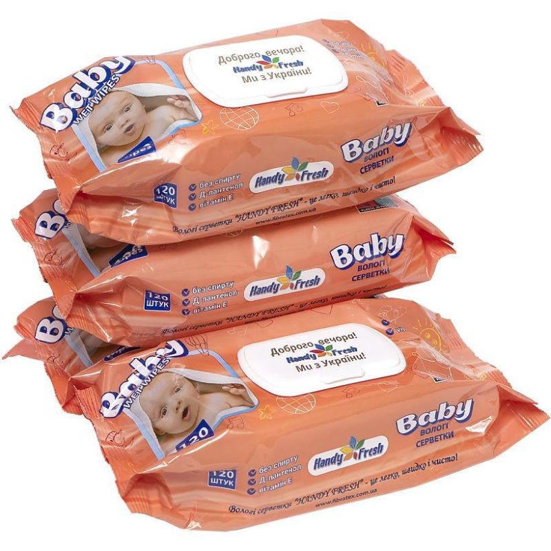 Вологі серветки 120 шт із клапаном baby яблуко «Handy Fresh» Вологі серветки 120 шт із клапаном baby яблуко “Handy Fresh“